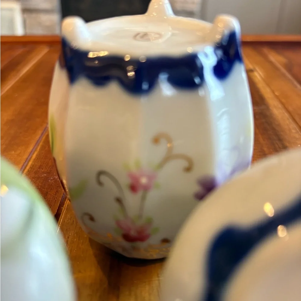 Vintage Japanese Floral Ceramic Vase Toothpick Holder and Shakers Set